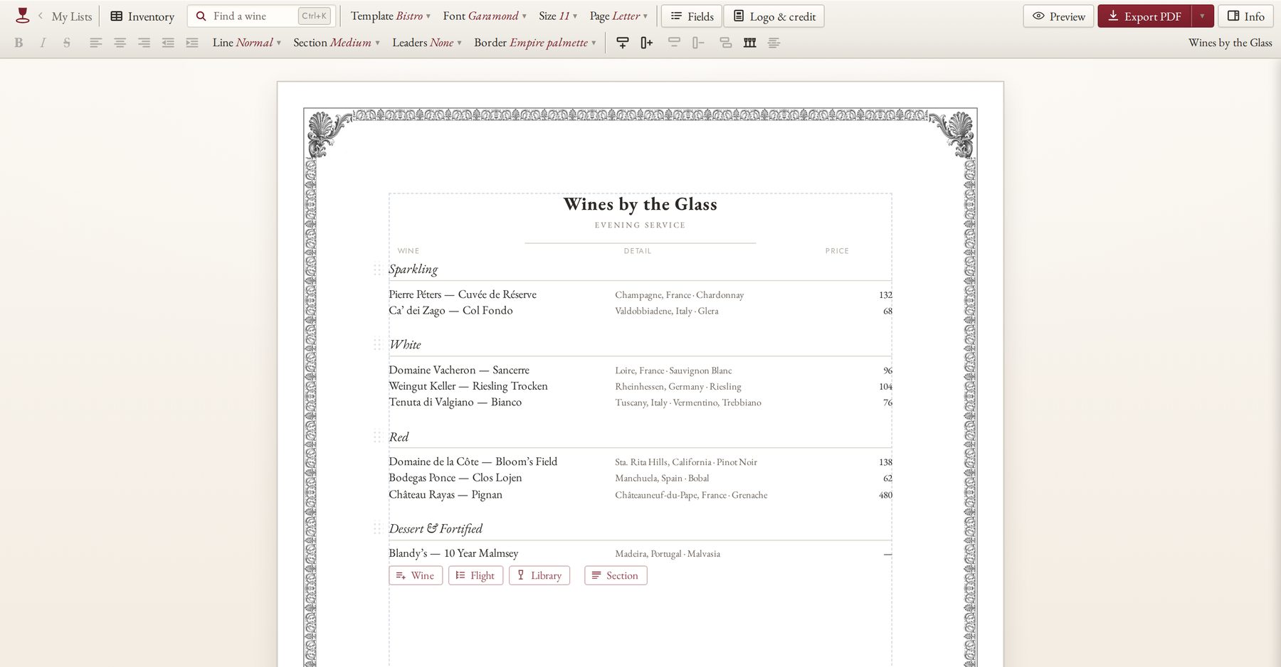 The desktop editor: a two-row toolbar above a white sheet, with Wine, Flight, Library and Section buttons under the last section